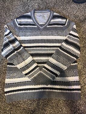 Tommy Bahama Gray, Black & Cream Striped V-Neck Sweater